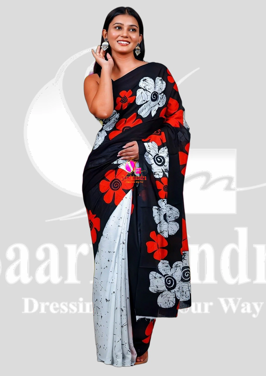Batik Indian Premium Classic Black, Red & White Floral Printed Batik Cotton Saree